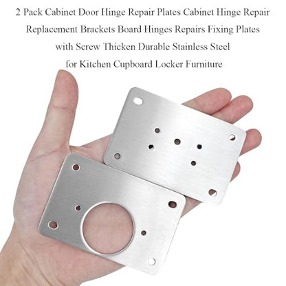 2 Pack Cabinet Door Hinge Repair Plates Cabinet Hinge Repair Replacement Brackets Board Hinges Repairs Fixing Plates with Screw Thicken Durable Stainless Steel for Kitchen Cupboard Locker Furniture - size: 3.54x2.36 inch-2P
