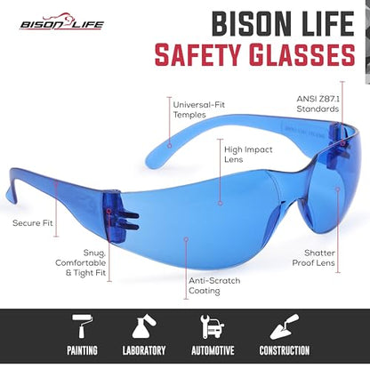 BISON LIFE Clear Safety Glasses – ANSI Z87.1 Scratch & Impact Resistant Wrap Around Eye Protection Goggles for Men & Women - color: Blue/Blue