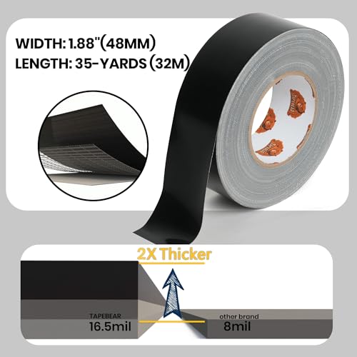 TAPEBEAR 16.5mil Thick Black Duct Tape Heavy Duty 1.88" x 105FT, Strong Tough Utility Ducting Tape Waterproof, No Residue, Flexible, Hand Tear Binding Tape for Bundle, Patch, Protect & Repair - color: Black