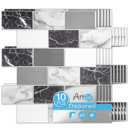 Art3d Peel and Stick Black White Grey Marble Wall Tiles – 12"x12" Thicker Design Backsplash, Self-Adhesive Tile for Kitchen & Bathroom Decor - color: Black White Grey Marble
