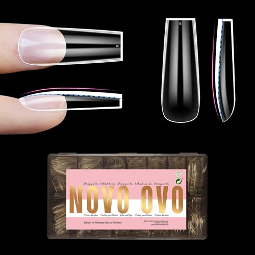 NOVO OVO Long Square Nail Tips NATURAL (Not SCULPTED) for Flat Nail Beds, Extra Thick L Length False Nails Press on, Full Cover Soft Gel Fake Nail Extension, Salon DIY x 15 Sizes 450 pcs - color: L Square Natural Thick