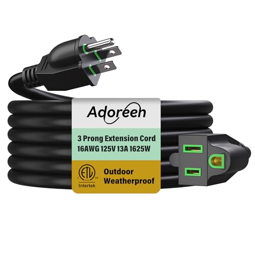 Adoreen Outdoor Power Extension Cord 30 Ft, 3 Prong 16 AWG Grounded Wire Heavy Duty Weatherproof Electric Cable for Indoor Christmas Light Lamp, 13A 125V 1625W, SJTW-ETL- Black with Green - size: 30Ft