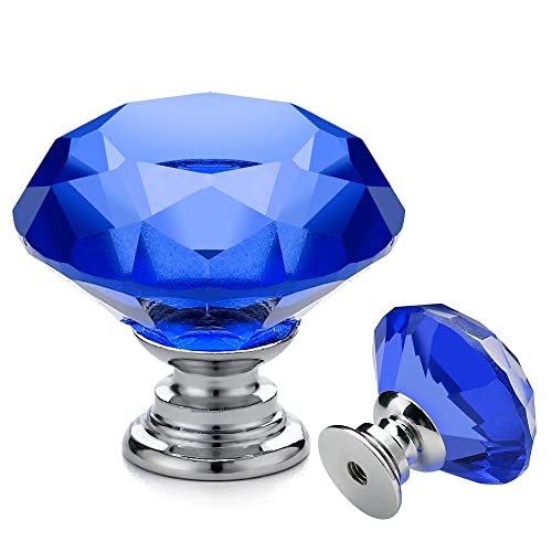 Ravinte 5 Pack Blue Crystal Knobs for Dresser Drawers - 30 mm Glass Cabinet Diamond Shaped Knobs With Silver Base - color: Blue