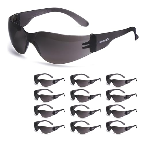 ProtectX Safety Glasses for Men & Women, Safety Sunglasses with Anti-Fog Scratch Resistant Lenses, Non-Slip Grips, ANSI Z87.1 - color: Skywalker Tinted Smoke 12 Pk