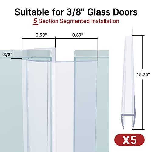 AmazerBath 5 PCS Shower Door Side Seal Strip for 3/8 Inch Glass - 15.75 Inches x 5, 5 Sections Segmented Shower Installation Kit, Frameless Glass Door Seal Strip - style: Side Seal 3/8