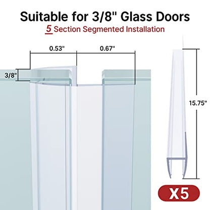 AmazerBath 5 PCS Shower Door Side Seal Strip for 3/8 Inch Glass - 15.75 Inches x 5, 5 Sections Segmented Shower Installation Kit, Frameless Glass Door Seal Strip - style: Side Seal 3/8