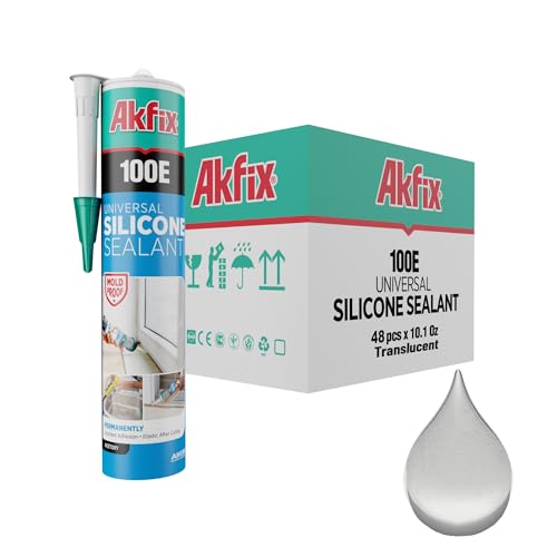 Akfix 100E RTV Translucent Silicone Caulk (48x10.1 fl.oz.) - 100% Waterproof Silicone Sealant for Kitchen and Bathroom, Shower, Toilet, Sink, Window and Door, No Yellowing | Translucent, 48 Pack - color: Translucent, size: 48 Pack