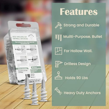 Reinforced Nylon 66 Drywall Anchors 90lb Limit, Self Drilling, Home Improvement Value Pack for Home Projects & Picture Hanging Kit, 25 Plastic Dry Wall Expansion Anchors and 25 Sheetrock Screws - style: 25 Pack