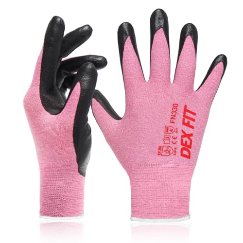 DEX FIT Nitrile Work Gloves FN330, 3D-Comfort Stretchy Fit, Firm Grip, Thin & Lightweight, Touch-Screen Compatible, Durable, Breathable & Cool, Machine Washable; Pink S (7) - color: Pink, size: Small(1 Pair)