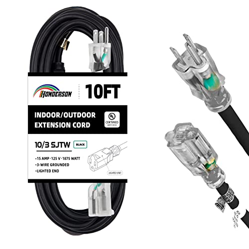 Indoor Outdoor Extension Cord Weatherproof with Lighted End, UL Listed, 10 Gauge 10FT Black 3 Prong Heavy Duty, 10/3 SJTW 15A Power Cord for Outdoor Lights, Lawn - size: 10FT, style: 10/3