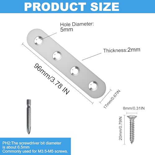 16 Pack Straight Brace,Flat Brace 3.77” x 0.6”,Stainless Steel Flat Metal Braces,Repair Bracket with Screws - size: 96mm/16 Pcs