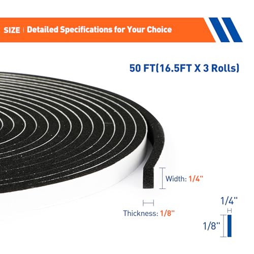MAGZO Weather Stripping Door Seal, 1/4 Inch Wide X 1/8 Inch Thick Adhesive Foam Tape Soundproof Weatherstripping for Windows, 3 Rolls Total 50FT Black - size: 1/4in * 1/8in * 50FT