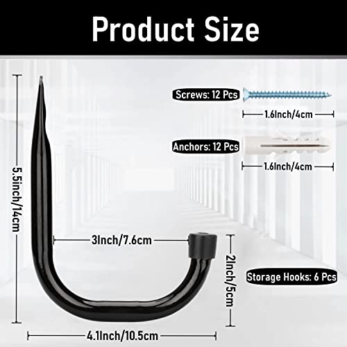 Garage Hooks, 6 Pack Heavy Duty Storage Hooks, 4.1Inch Garden Tool Utility Hooks, Fastening Hooks for Wall Mounting Load Capacity 45lbs - size: 5.5inch X 4.1inch