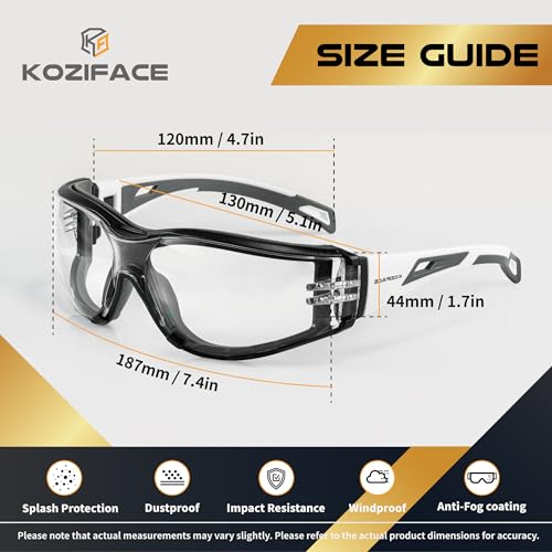 Koziface S30 Safety Glasses for Men and Women Adjustable Elastic Headband Strap and Arms 2 Ways to wear Stylish ANSI Z87.1+ Impact Resistant, Wraparound Dust Protection Work Goggles for Indoor/Outdoor