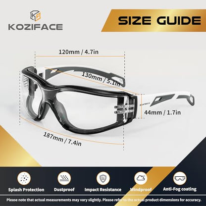 Koziface S30 Safety Glasses for Men and Women Adjustable Elastic Headband Strap and Arms 2 Ways to wear Stylish ANSI Z87.1+ Impact Resistant, Wraparound Dust Protection Work Goggles for Indoor/Outdoor