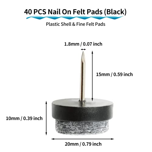40 PCS Nail On Felt Pads for Chair Legs, 20mm Furniture Glides Chair Feet Protectors, Nail Furniture Sliders Table Felt Feet Plastic Chair Glides for Wood Floors (Black) - size: 20mm - Black