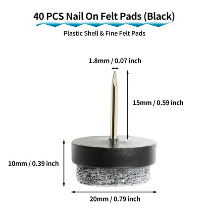 40 PCS Nail On Felt Pads for Chair Legs, 20mm Furniture Glides Chair Feet Protectors, Nail Furniture Sliders Table Felt Feet Plastic Chair Glides for Wood Floors (Black) - size: 20mm - Black