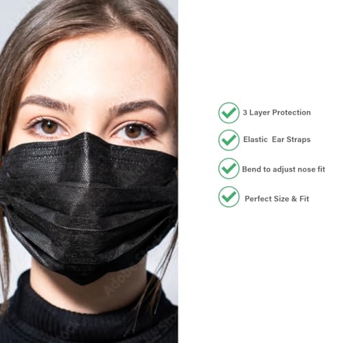 FLTR 75 Pack Black Disposable Face Masks, General Use, Non-medical, 3 Layer Protection Face Masks for Adult, Teenager, Seniors (75, Black) A Trend Deals