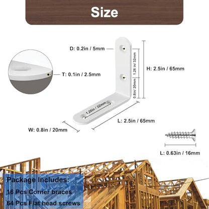 16 Pcs White 2.5 Inch L Bracket Stainless Steel Corner Braces, Heavy Duty 90 Degree Joint Right Angle Brackets for Wood Shelves, Cabinet, Frame, with Screws - size: L/2.5inch*2.5inch 16Pack
