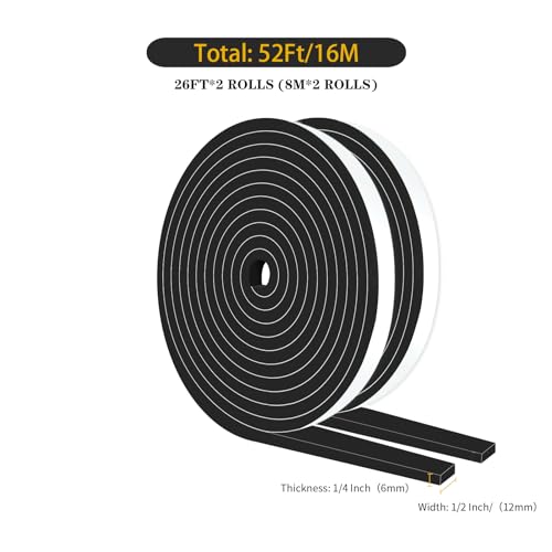 Weather Stripping Door Seal,Door Insulation Strip,Soundproof,Cold Insulation,High Density CR Foam Insulation Tape for Door, Front Door Frame, Windows,Sliding Door (Black,1/2 in x 1/4 in x 52Ft) - size: 1/2 In x 1/4 In x 52Ft