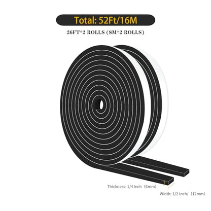 Weather Stripping Door Seal,Door Insulation Strip,Soundproof,Cold Insulation,High Density CR Foam Insulation Tape for Door, Front Door Frame, Windows,Sliding Door (Black,1/2 in x 1/4 in x 52Ft) - size: 1/2 In x 1/4 In x 52Ft