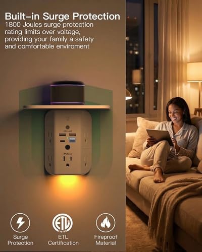 PD20W Wall Outlet Extender with Shelf & Night Light – 5 AC Outlets, 2 USB-A, 2 USB-C, 3-Sided Wide-Space Design, Surge Protector, Multi-Plug Outlet Splitter – Ideal for Home Office, College Dorm, RV - size: 2a2c&pd 20w