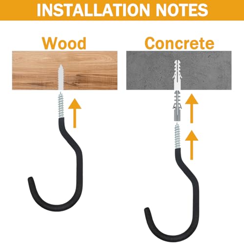 KURUI Heavy Duty Screw Hooks for Hanging Plants, Outdoor String Lights, Bike, 8 Pack Large Ceiling Hooks for Garage Organization and Storage, Black No Drill Wall Hangers - style: 8 Pcs-6 in