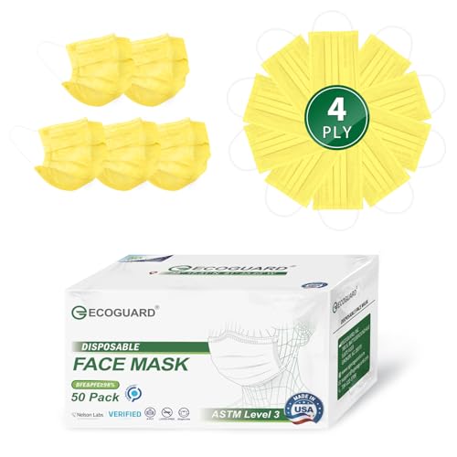Disposable Face Masks Made in USA, 4 Ply for Families, Students, Breathable All-Day Wear & Safety, FSA HSA Eligible, ASTM Level 3 Medical Grade, 50 Pack, Bright Yellow - color: Bright Yellow, size: 50 Pack, style: Resealable Bag