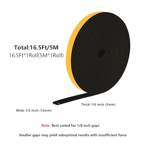 Strong Adhesive Insulation Tape, High Density Foam Weather Stripping Door Seal, Door Seal for Doors Windows, Soundproof Weatherproof Foam Seal Tape, Noise Reduction(1/2 in x 1/8 in x 16.5Ft) - size: 1/2 In x 1/8 In x 16.5Ft
