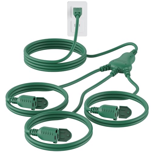 PLUGTUL 27FT Outdoor Extension Cord with Multiple Outlets, 1 to 3 Splitter Max 15FT End to Male Plug (Total 27FT) 16/3 SJTW Waterproof Power Cord for Halloween Christmas, ETL Listed, Green - color: Green, size: 27FT