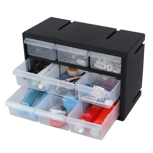 9-Drawer Plastic Drawer Hardware Storage Cabinet, Small Plastic Drawer Storage Cabinet for Garage, Black, F