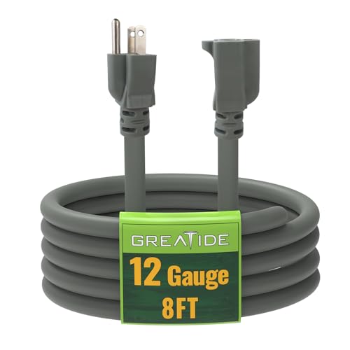 8 Ft Outdoor Extension Cord - 12/3 SJTW Heavy Duty Grey Extension Cable with 3 Prong Grounded Plug - Power Cord for Lawn, Garden, Appliances - color: Grey, size: 8 ft