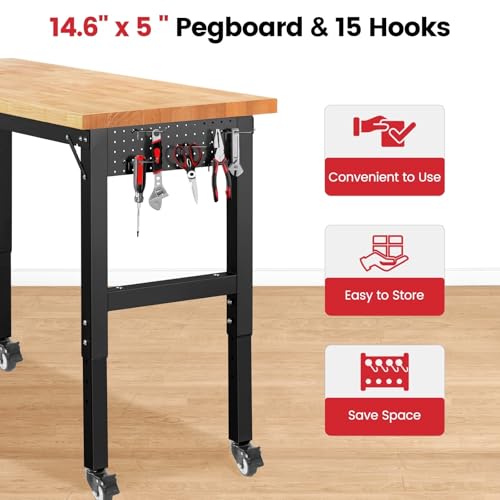 ENJOYWOOD 48" x 20" Heavy Duty Workbench with Wheels, Adjustable Height Garage Work Table with Solid Rubberwood Top, Pegboard & Power Outlets for Workshop, Home & Office - size: XX-Small