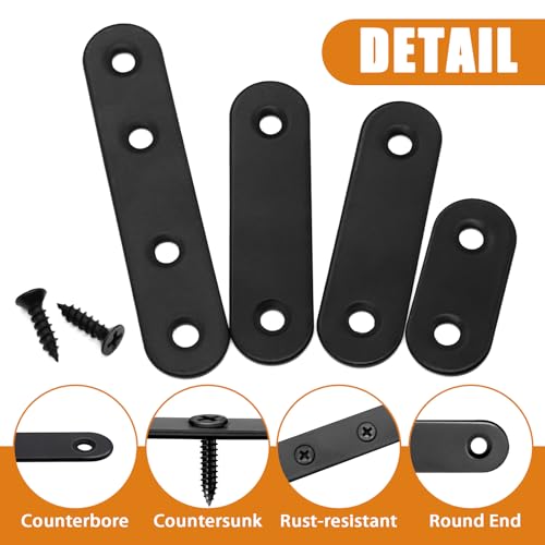 mankk 86PCS Black Straight Flat Metal Bracket Mending Plates Stainless Steel Flat Brace Brackets Fixed Connecting Plate for Wood Repair Fixing - color: Black-36/46/56/76mm