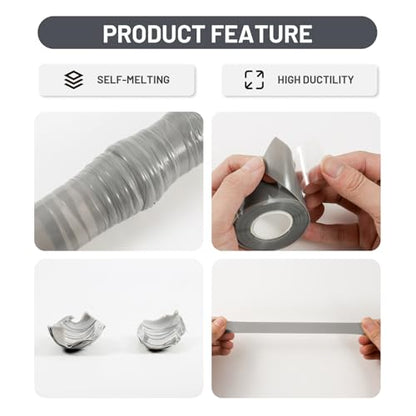 2-Pack Gray Silicone Repair Tape (20 Ft Total) - Self Amalgamating Tape for Duct Work & Hose Leaks - Heat Resistant Rubber Sealing Strip - Residue-Free & Easy-Peel Liner - color: Grey