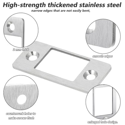2 Pack Door Striker Plates Large Hole Deadbolt Strike Plate Stainless Steel Round Corner Latch Restorer StrikePlate with Wood Dowel Strips,Universal Backplate for Home Door