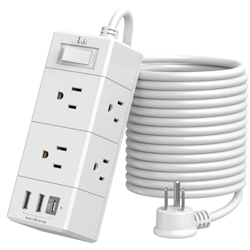 15Ft Extension Cord Flat Plug Power Strip - Tcstei 3-Side Outlet Extender with 6 AC Outlets and 3 USB Ports (1 USB C), Compact for Home, Office, Dorm Room Essentials, White - color: White, size: 15 Ft