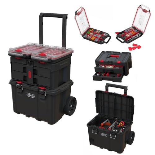 Stack N’ Roll 4-Piece Rolling Tool Storage System – Includes Large Rolling Tool Box, 2-Drawer Tool Box & 2 Tray Organizers | Modular Stackable Tool Storage with Wheels for Garage & Workshop - size: 4PC System