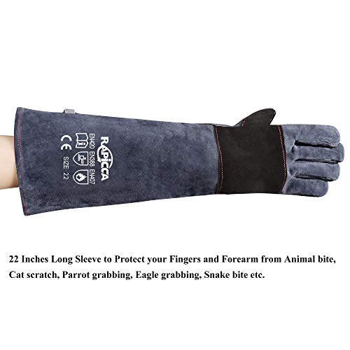 RAPICCA Animal Handling Gloves Bite Proof Reinforced Leather Padding Dog,Cat Scratch,Bird Handling Falconry Gloves Grabbing,Reptile Squirrel Snake Bite 22in Grey-Black - style: 22 Inches