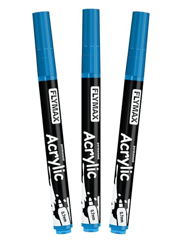 FLYMAX Bright Blue Marker Paint Pens - Permanent Marker Pens Bright Blue Acrylic Paint Water-Based 0.7mm Fine Tip Waterproof Quick-Drying (3 in 1Pack) - color: Bright Blue