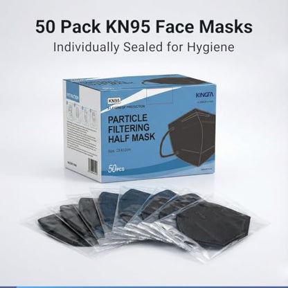 Kingfa KN95 Face Masks 50 Pack, GB2626-2019 Certified 5-Layer, 95% Filtration, Adjustable Nose Clip - color: Black