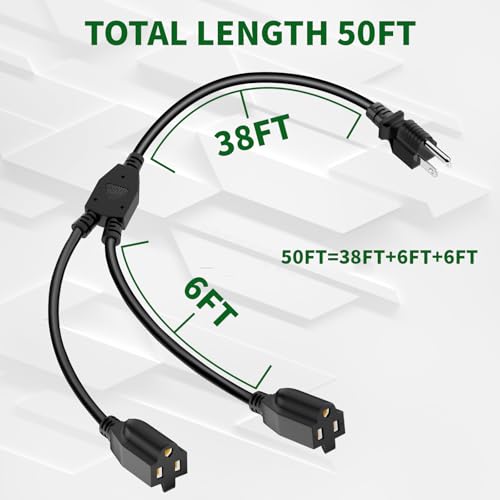 2 Way Power Extension Cord Splitter 50 Ft Total (38+6+6)-3 Prong 1 to 2 Extension Cord Cable Y Splitter-Outlet Adatper-SJTW Outdoor for Halloween Christmas Lighting Landscaping-16AWG 13A 125V-UL-1T2 - size: 50 FT