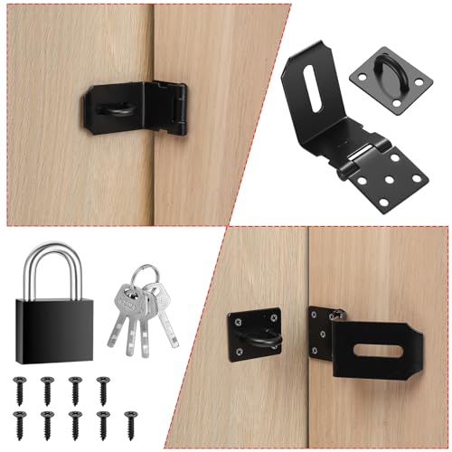 4 Inch 90 Degree Padlock Hasps, Stainless Steel Latch Lock Padlock Hasp with Padlock and Keys Set, Right Angle Safety Door Latches, Gate Lock Hasp Latches for Cabinets, Closets Doors