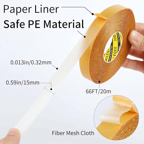 2Pack Double Sided Tape Heavy Duty, 0.59" x 66FT (132FT Total), Super Sticky Resistente Clear Tape, Universal High Tack Strong Wall Adhesive with Fiberglass Mesh,Easy Use Mounting Tape - size: 2 Pack, Each 0.59" x 66FT
