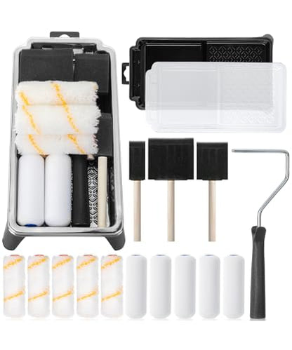 Bates- 4 Inch Paint Roller Set, 18 pcs, 1x Plastic Paint Tray, 3X Disposable Tray Liners, 1x Roller Frame, 5X Foam Covers, 5X Microfiber Covers, 3X Foam Brushes (1", 2", 3")