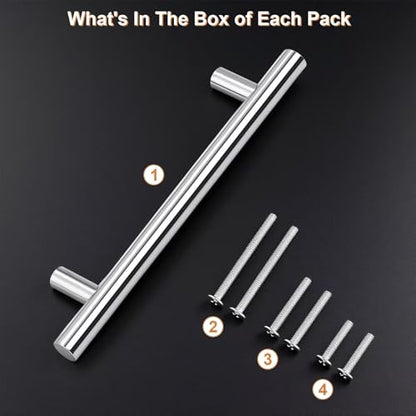 Probrico 5 Pack Hole Centers (128mm) 5inch Polished Chrome Kitchen Cabinet Handles Stainless Steel Polished Chrome Cabinet Pulls Round T Bar Pull Handle for Cabinets and Drawers Total Length 7.5inch - color: Polished Chrome, size: Hole Centers: 5"