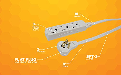Woods Slimline Indoor Flat Extension Cord,8 Ft,16 Gauge Right Angle Plug,3 Polarized Outlets,125 Volts,White,2241,(Pack of 6) - size: 8 Foot (Pack of 6)