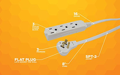 Woods Slimline Indoor Flat Extension Cord,8 Ft,16 Gauge Right Angle Plug,3 Polarized Outlets,125 Volts,White,2241,(Pack of 6) - size: 8 Foot (Pack of 6)