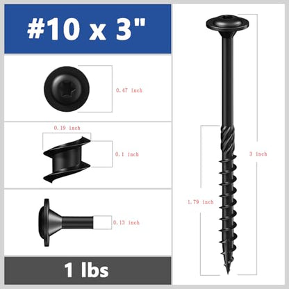 Wensilon (1 lbs)#10 x 3 Black Lag Screws, Structural Wood Screw, Heavy Duty Construction Screw, Rust Resistant, Washer Head, Black Coated Exterior Wood Screws, Star Drive with Bit - color: Black, size: #10 x 3"