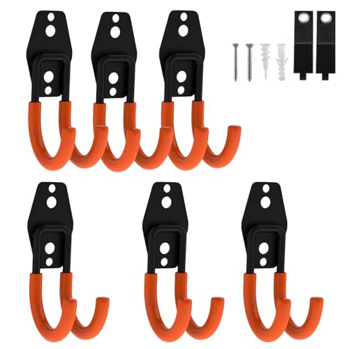 Garage Hooks Heavy Duty, 6 Pack Small Round Steel Garage Storage Hooks with Anti-Slip Coating, Multi-Purpose Ladder Hooks for Hanging Garden Tools, Hoses, Bikes and Folding Chairs (Orange) - color: Orange, size: 6pack-Small Round